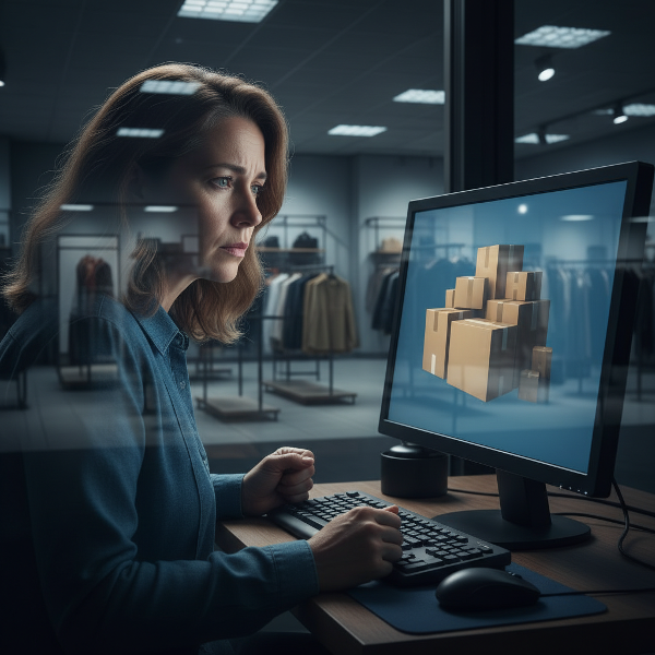 Un'illustrazione che rappresenta il conflitto interiore tra lo shopping compulsivo online, la difficoltà economica del negozio e l'ansia che ne deriva.