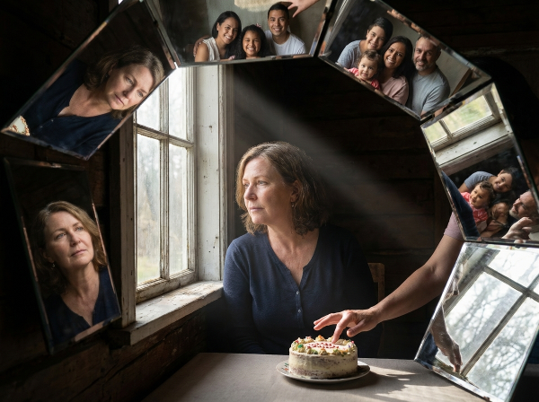 Un'immagine simbolica che rappresenta il dolore, la confusione e la ricerca di conforto di una donna che affronta l'infertilità e una crisi d'identità.