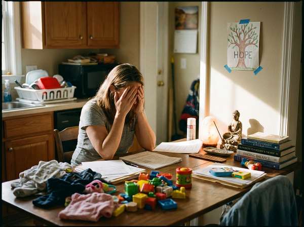 Un'illustrazione che mostra una donna adulta in un momento di esaurimento, circondata da simboli di responsabilità familiari e lavorative, con un accenno di luce e calma che suggerisce la ricerca di equilibrio interiore.