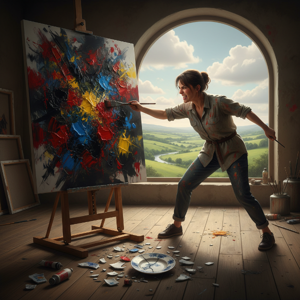 Un'immagine che mostra il conflitto interiore di un'artista, tra la tranquillità della campagna e la rabbia che esplode nella sua creatività e nella vita quotidiana.