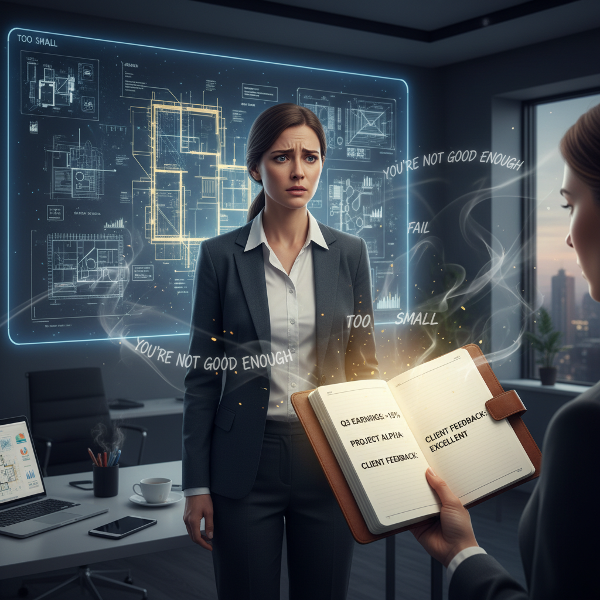 Un'illustrazione che mostra la tensione tra l'ansia da prestazione di una professionista e i fatti concreti del suo successo, con l'influenza di messaggi del passato.