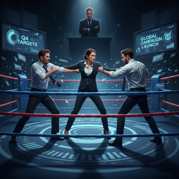 Un'illustrazione metaforica di una project manager che tenta di mediare in un team diventato aggressivo e competitivo, come in un ring di boxe, sotto la pressione di metriche lavorative stressanti.