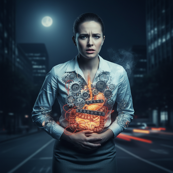 Un'illustrazione simbolica che mostra una donna con mal di stomaco, con ingranaggi che rappresentano lo stress lavorativo che interferisce con la digestione.