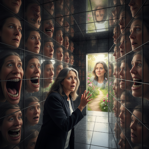 Un'illustrazione simbolica di una donna che cerca disperatamente la perfezione in un labirinto di specchi, con una via d'uscita verso l'accettazione di sé.