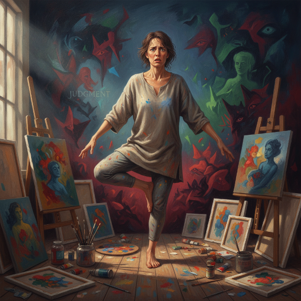 Una donna in posizione yoga di equilibrio con ansia visibile, circondata da tele da pittura, in un ambiente che mescola arte e meditazione, con colori caldi e freddi per esprimere conflitto interiore.