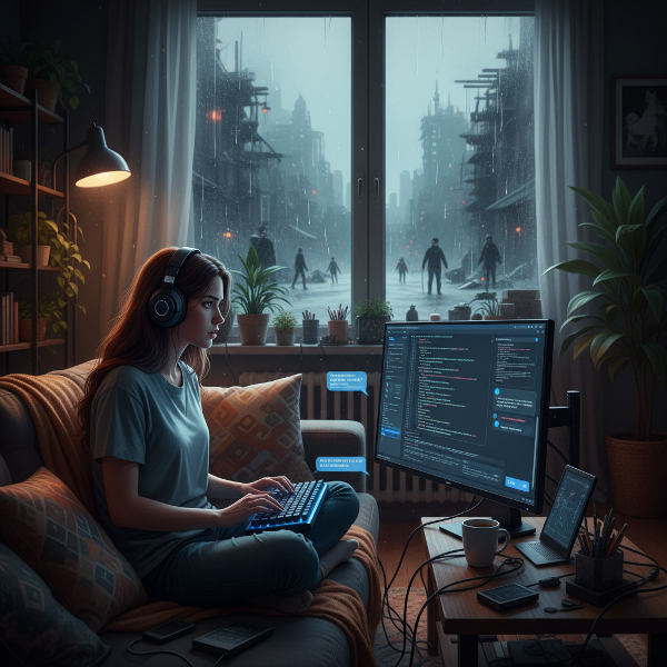 Illustrazione che mostra il contrasto tra l'isolamento lavorativo casalingo e l'attività di aiuto online, con la paura delle interazioni sociali reali rappresentata simbolicamente.