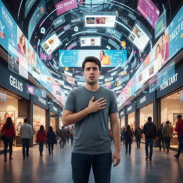 Un'illustrazione che mostra l'ansia e i sintomi fisici provati in un contesto di shopping, con elementi che rappresentano sia il mondo fisico che quello digitale.