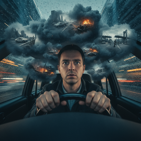 Un'illustrazione che mostra un uomo alla guida, circondato da pensieri ansiosi e visibilmente in difficoltà, per rappresentare la lotta contro l'ansia da viaggio.