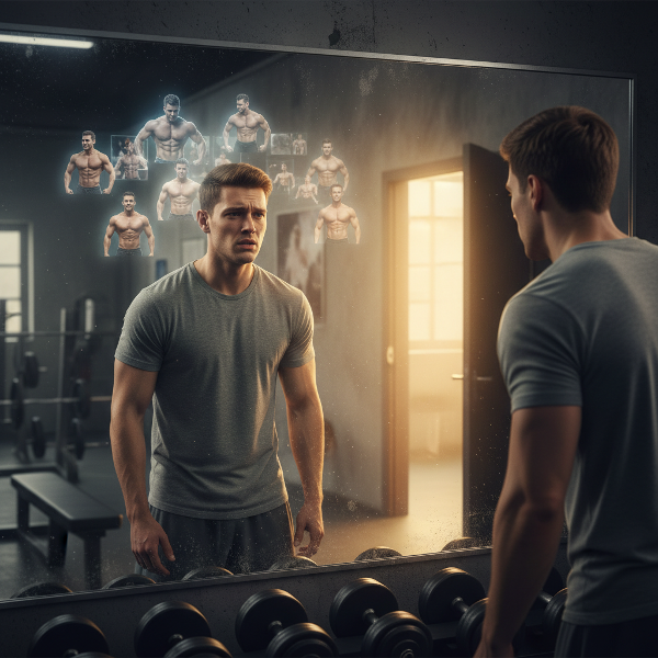 Un ragazzo in palestra, intrappolato tra il suo riflesso e immagini irrealistiche, mentre cerca una via d'uscita verso un rapporto più sano con il corpo.