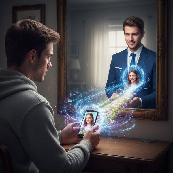 Un'illustrazione che rappresenta la tensione tra l'identità digitale idealizzata e il desiderio di una connessione autentica e reale.