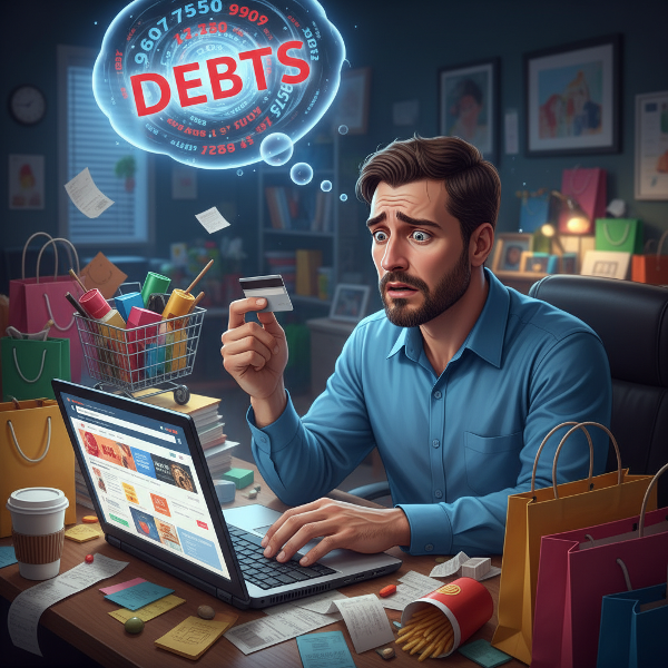 Un giovane manager in un negozio di abbigliamento è sopraffatto dall'impulso di fare acquisti online, con un'espressione di ansia e preoccupazione mentre è circondato da simboli di debito e shopping compulsivo.