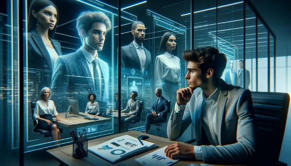 Un uomo in abiti professionali in un ufficio moderno, con figure evanescenti di colleghi che simboleggiano il confronto. Il suo riflesso nella vetrata appare incerto e distorto, rappresentando l'insicurezza e la sindrome dell'impostore.