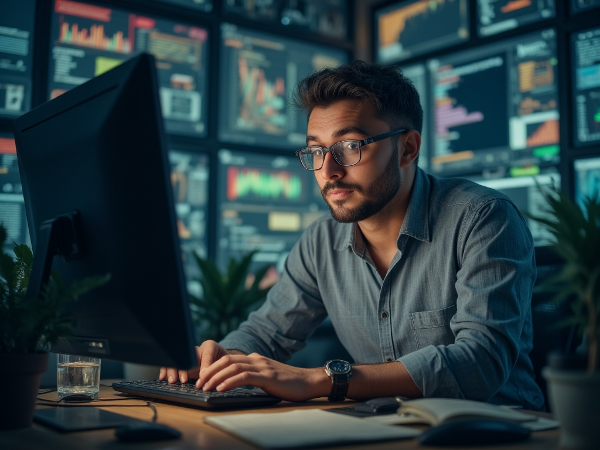 Un uomo in ansia davanti al computer, con sintomi fisici di stress, mentre un'ombra paterna simboleggia la pressione del successo professionale.