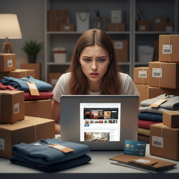 Illustrazione che mostra una giovane donna intrappolata in un ciclo di shopping online compulsivo, circondata da pacchi e con un'espressione di ansia e preoccupazione.