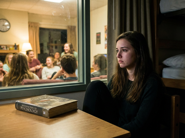 Una giovane donna in una stanza buia si sente vuota e disconnessa, guarda attraverso un vetro amici sfocati, con un libro universitario chiuso accanto.