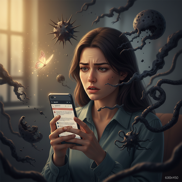Illustrazione che rappresenta l'ansia per la salute: una donna sopraffatta da ricerche mediche online, con elementi simbolici di paura e speranza.