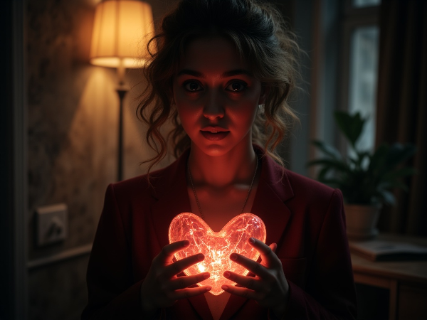 Illustrazione simbolica del conflitto interiore tra autosabotaggio e desiderio di amore, con due versioni della stessa persona e un cuore fragile.