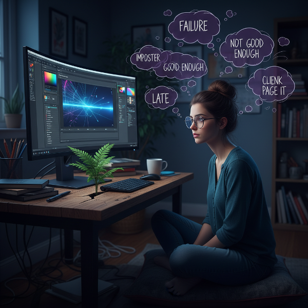 Un'illustrazione che mostra una grafica bloccata davanti allo schermo, con pensieri negativi fluttuanti e un simbolo di crescita positiva.