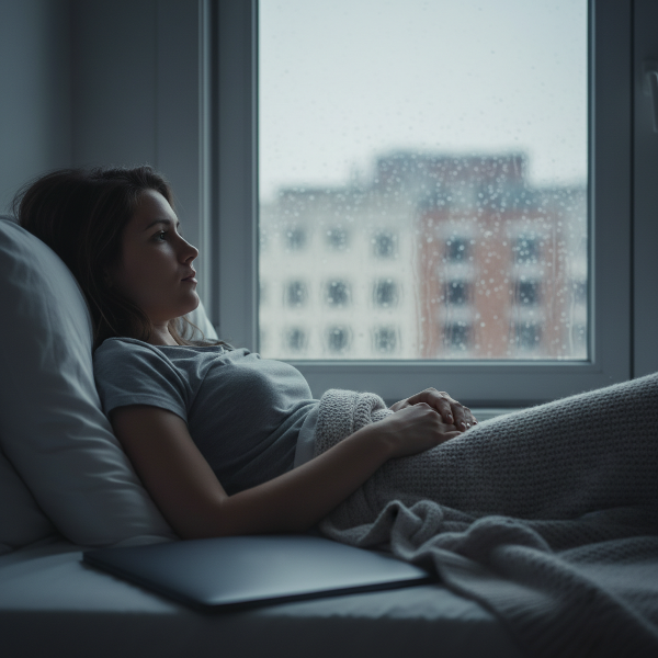 Donna a letto con computer spento, sguardo perso fuori dalla finestra, atmosfera malinconica