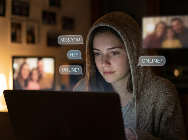 Una giovane donna in una stanza poco illuminata guarda lo schermo di un laptop, circondata da bolle di chat e figure di amici lontani e sfocate, esprimendo un senso di isolamento e desiderio di connessione.