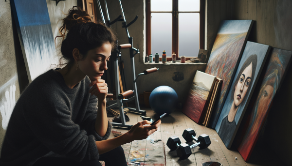 Un'illustrazione che mostra una giovane donna intrappolata nella dipendenza dal telefono, circondata dai suoi hobby trascurati, mentre guarda verso una relazione lontana.