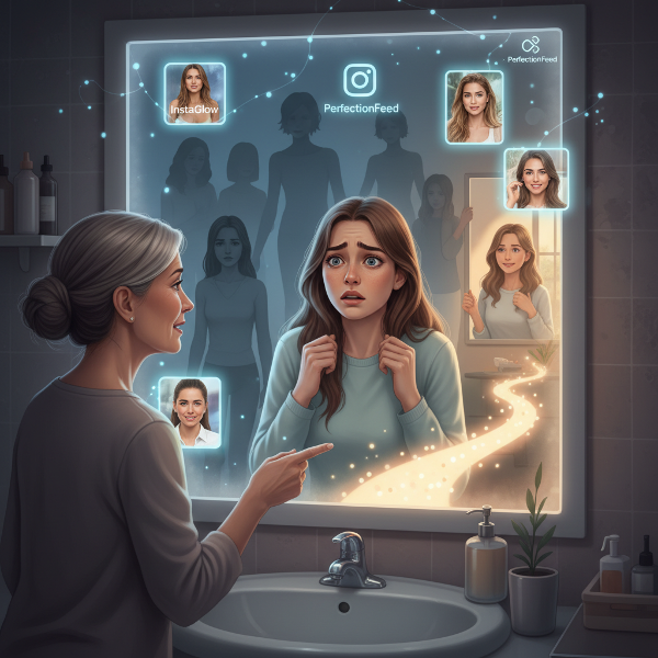 Un'illustrazione simbolica che mostra il conflitto interiore di una giovane paziente tra trauma passato, ideali di perfezione e il percorso terapeutico verso l'accettazione di sé.