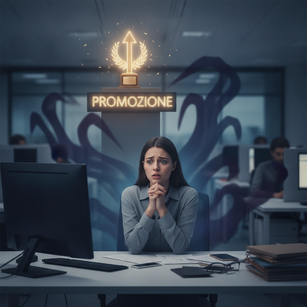 Una donna siede alla scrivania illuminata, con posture tese e sguardo perso, mentre dietro di lei incombono ombre scure e una luce calda che rappresenta il successo.