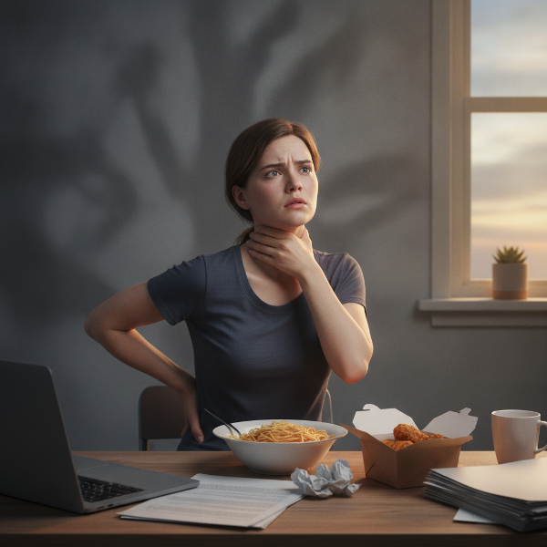 Una donna di 28 anni, in un ufficio moderno, con espressione ansiosa e postura rigida che tiene la mano sulla parte bassa della schiena, mentre sullo sfondo si intravede un piatto di cibo spazzatura, il tutto in toni freddi, ma con un raggio di sole che entra dalla finestra a simboleggiare il sollievo del weekend
