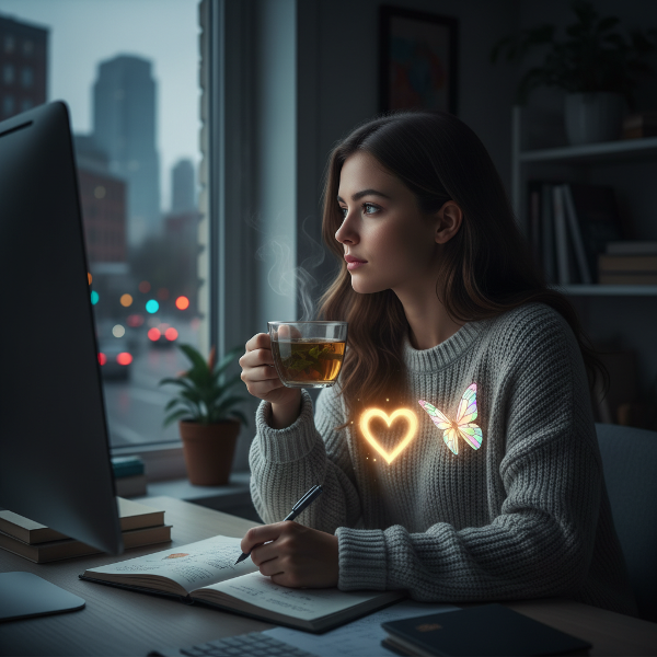 Un'illustrazione che mostra una giovane donna in un ambiente domestico sicuro mentre riflette, con elementi simbolici che rappresentano la sua ansia sociale interiore e il percorso di guarigione.