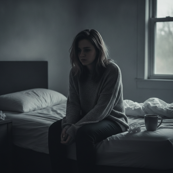 Donna depressa dopo aver perso il lavoro, si sveglia con ansia, guarda lo schermo senza concentrazione, ha perso peso, atmosfera malinconica e vuota.