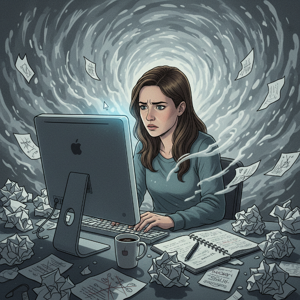 Illustrazione che rappresenta il blocco creativo di una studentessa, con ansia e frustrazione di fronte a uno schermo vuoto.