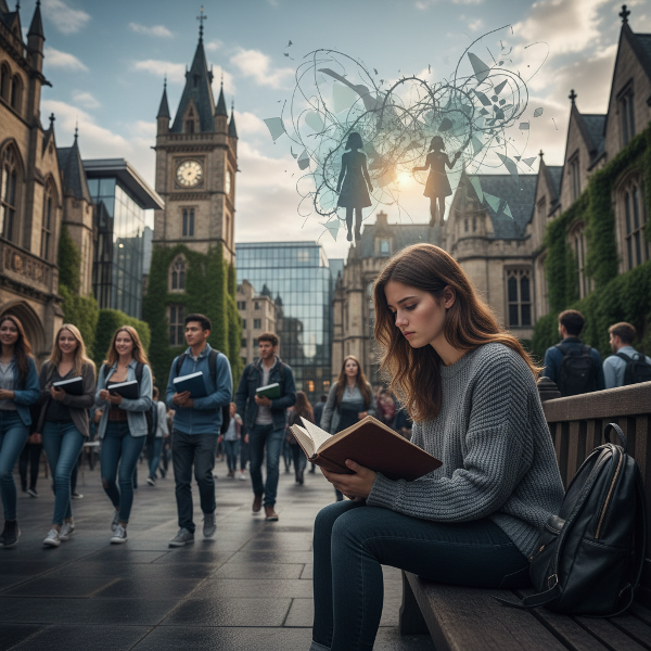 Un'illustrazione che mostra una giovane donna in una città affollata, con espressione pensierosa, mentre osserva da lontano una coppia felice e tiene in mano un telefono, simbolo dei conflitti con la famiglia lontana.