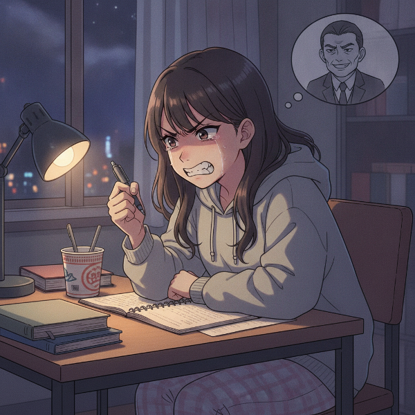 20歳の女子大生が夜の自室で、アルバイト先の理不尽な店長への怒りを抱えながら、日記に感情を書き出す様子を描いたイラスト。