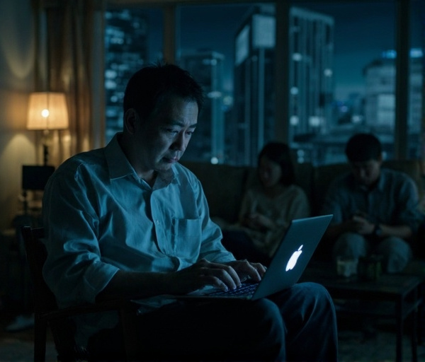 59歳の男性が夜のリビングで孤独に悩む様子。暗い照明、光るノートPC、背景にぼやけた家族、オフィスや時計の象徴的な影。不安と孤立の感情を表現。