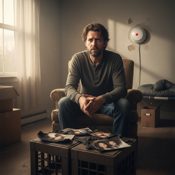 仮住まいで不安を抱える男性の姿。背景の火災報知器や煙害の写真がトラウマを暗示し、窓からの光が回復への希望を表しています。