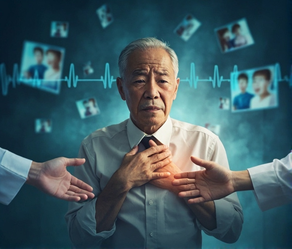 50歳の男性が過去の恐怖による動悸や吐き気に悩みながらも、呼吸法や自己観察、専門家の支援を通じて感情知性を高め、症状を和らげていく様子を描いた心理的サポートの画像。