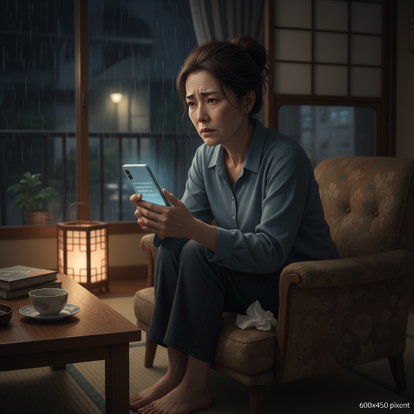 不安と疑念に苛まれる女性が、夜の部屋でスマートフォンを握りしめ、パートナーとの関係の行方に思い悩んでいる様子を描いた画像です。