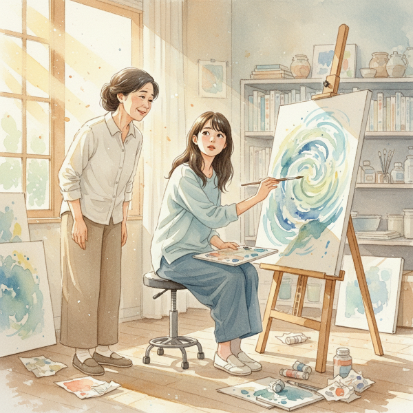 絵画教室で自分の作品を見つめる女性。講師の温かい言葉と、不完全さを受け入れ始める内面の旅を、柔らかい水彩画タッチで表現したイメージです。