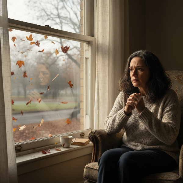 秋の窓辺で不安そうに外を眺める44歳の女性。季節の変わり目に襲われる漠然とした恐怖と孤独感を表現しています。
