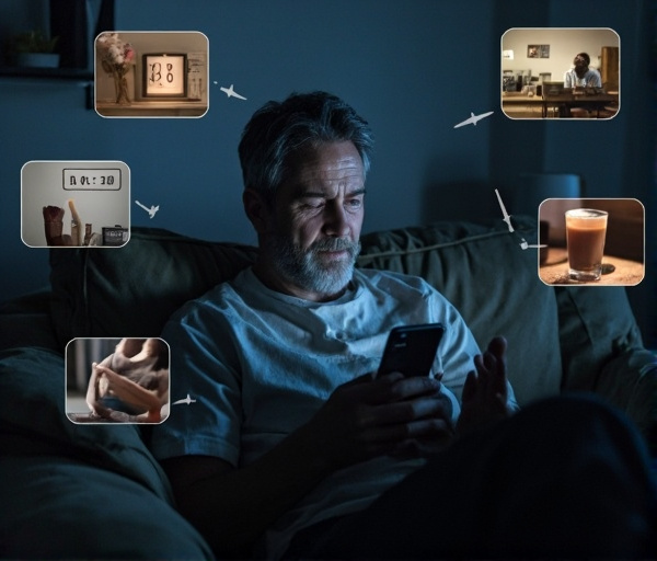 深夜にスマホのショート動画を見続ける疲れた男性と、環境調整・行動置き換え・時間制限・睡眠優先といった改善のヒントを柔らかなイラストで表現した画像。