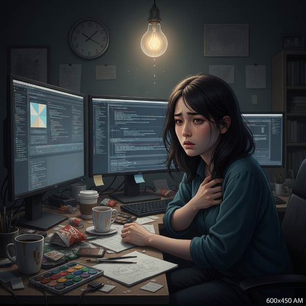 燃え尽き症候群に苦しむフリーランスの女性デザイナーが、深夜の作業で心身の限界を感じている様子を描いた画像。