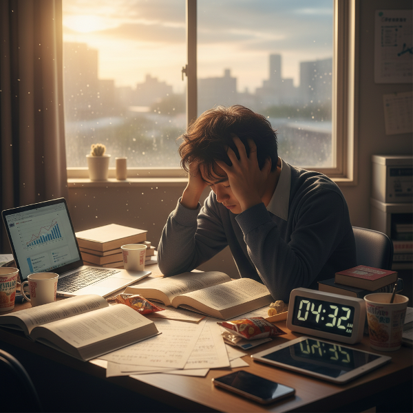 疲れ果てた大学生が机にうつむき、本やパソコンに囲まれて燃え尽き症候群を感じている様子を描いたイラスト。