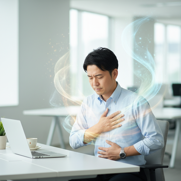 オフィスでストレスを感じながらも、呼吸法で心を落ち着けようとする30代男性のイメージです。