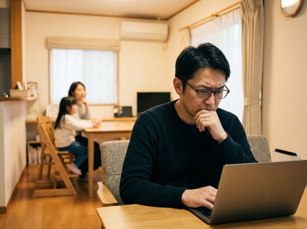 仕事と家庭の板挟みで悩む40代の男性が、自宅でパソコンに向かいながら複雑な表情を浮かべています。後方には少し距離を置いた妻と娘の姿があり、家庭内の緊張感が伝わってくるイラストです。