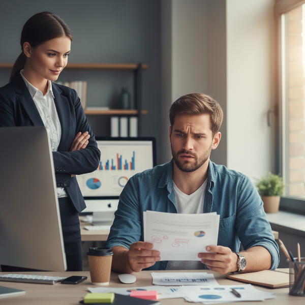 職場で態度が一貫しない女性同僚に悩む若い男性の心理的混乱と、仕事への影響を描いたイメージです。