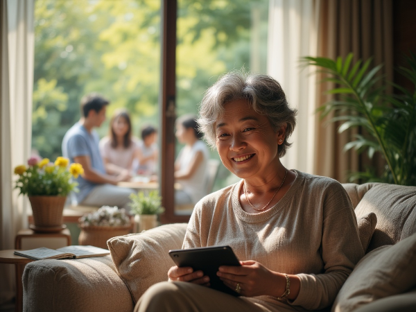 64歳の女性がリビングで家族写真を見つめながら、自然で温かい家族関係について考えている情景。背景には、公園でくつろぐ息子家族の幸せそうな姿がぼんやりと映っています。