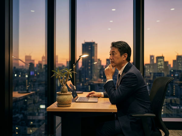 退職の危機に直面した43歳の男性が、オフィスで窓の外を見つめながら、心の整理と新たな一歩について考え込んでいる様子を描いた画像です。
