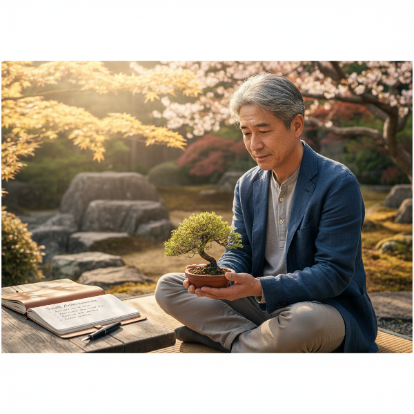 リストラで自信を失った50代男性が、庭で静かに自分と向き合い、小さな達成を記録しながら、新たな一歩を模索している様子。