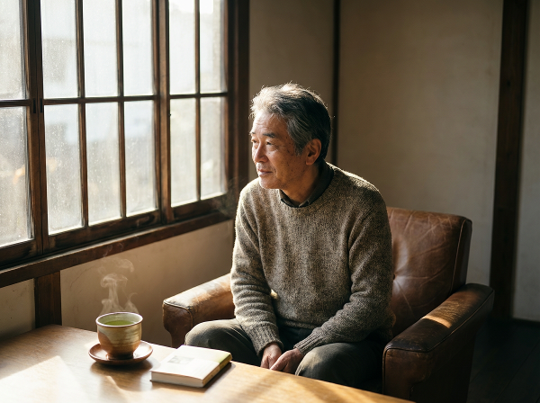 静かな部屋で窓の外を見つめ、孤独と向き合いながらも、新たなつながりへの一歩を考えている50代男性の姿を描いた画像です。