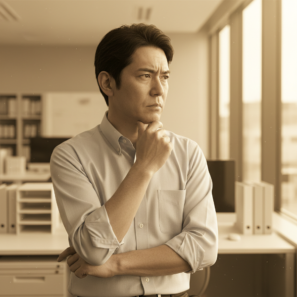 定年を前に職場で複雑な思いにふける51歳男性の姿。窓からの柔らかい光が、キャリアの移行期と内省の時を象徴しています。